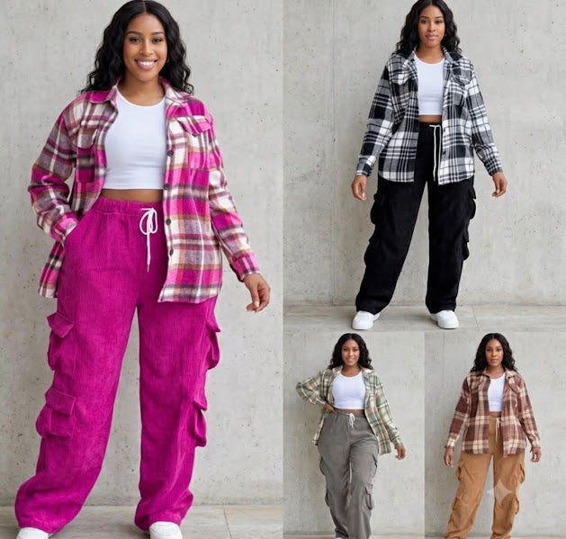 Plaid Flannel Shacket and Corduroy Cargo Pants Set in multiple colorways