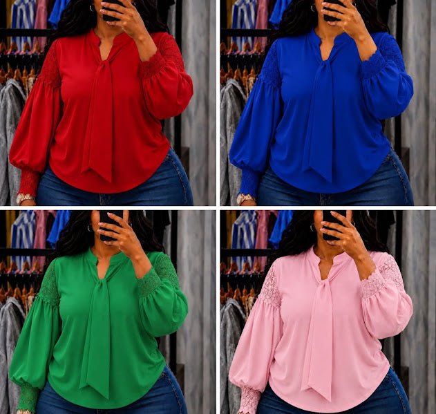 Lace Sleeve Bow-Tie Blouse in Red, Royal Blue, Green, and Pink