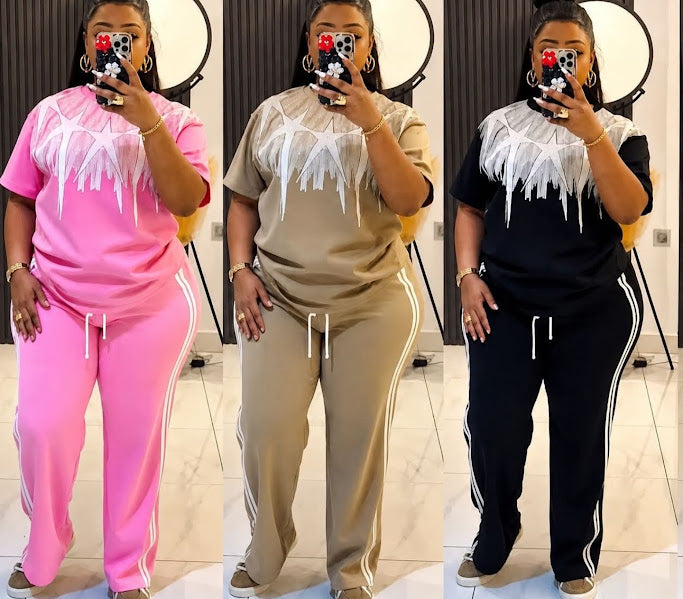 Plus Size Feather Star Two-Piece Tracksuit Set