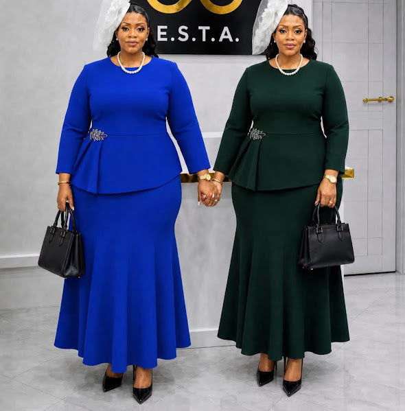 Rhinestone Brooch Peplum Top and Maxi Skirt Set in Royal Blue and Emerald Green