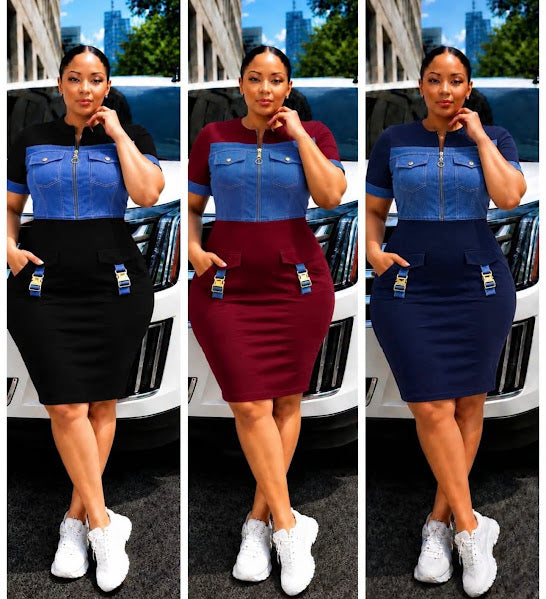 Denim Panel Zip-Front Bodycon Dress