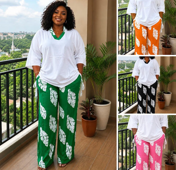 Leaf Print Wide-Leg Pants and Oversized Top Set in Green, Orange, Black, and Pink