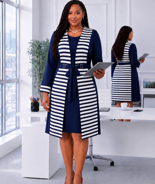 Navy & White Striped Jacket Dress Set