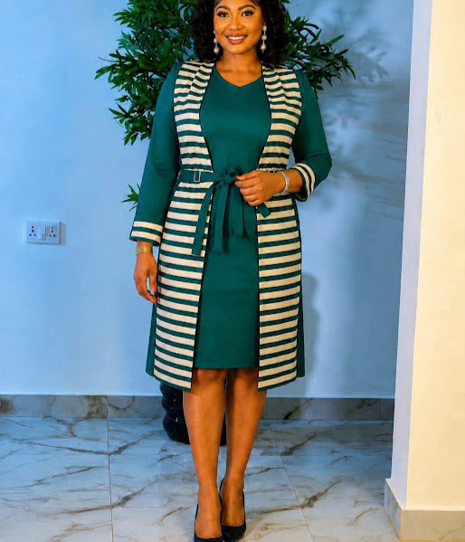 Navy & White Striped Jacket Dress Set