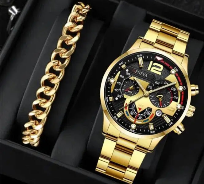 Gold chronograph watch and Cuban link bracelet in black velvet gift box