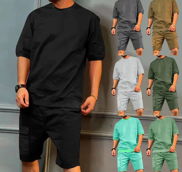 Men's matching oversized tee and cargo shorts set in multiple colors