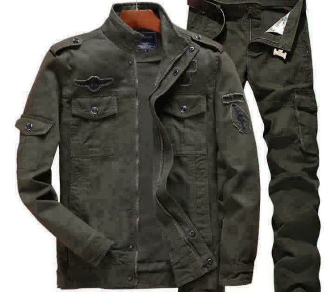 Men's Military Cargo Jacket and Pants Set in Army Green