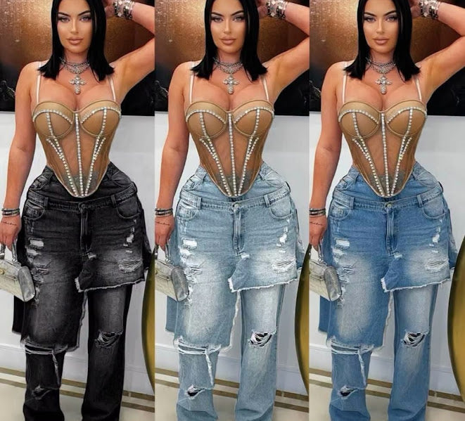 Distressed Wide-Leg Ripped Jeans in Black, Light Blue, and Medium Blue