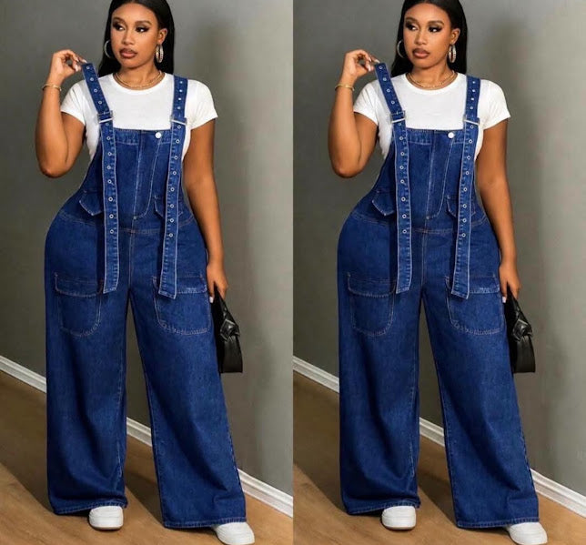 Wide-Leg Denim Overall Jumpsuit