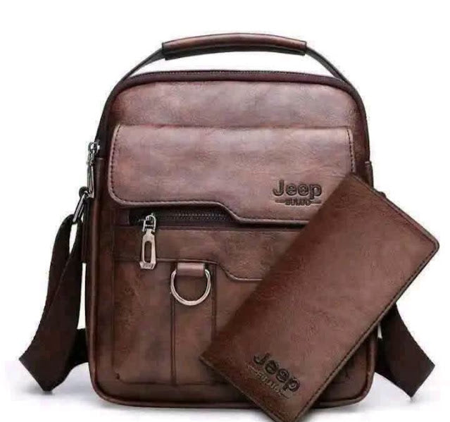 Men's Vintage Leather Crossbody Bag and Wallet Set in Brown