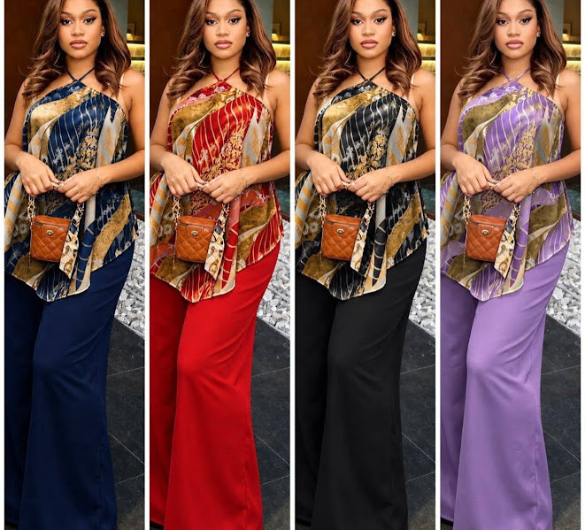 Women's Printed Halter Top & Wide-Leg Pants Two-Piece Set