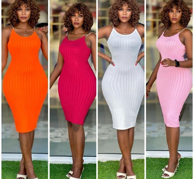 Women's Ribbed Bodycon Midi Dress with Gold Chain Straps