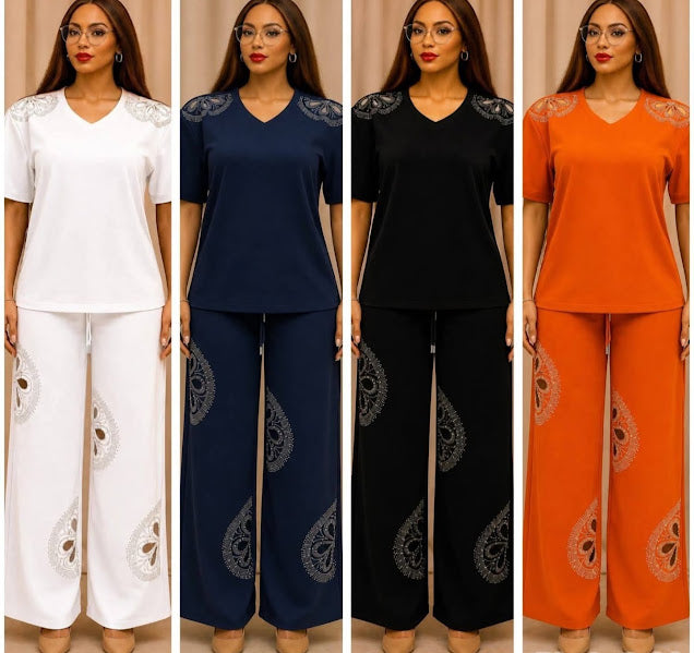 Women's Embroidered Shoulder V-Neck Top and Wide-Leg Pants Set in White, Navy, Black, and Orange