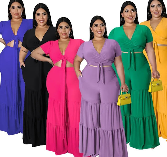 Plus Size Tie-Front Crop Top & Ruffle Wide-Leg Pants Set