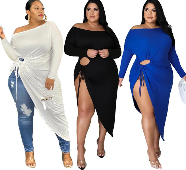 Plus Size Off-Shoulder Ruched Cutout High Slit Midi Dress