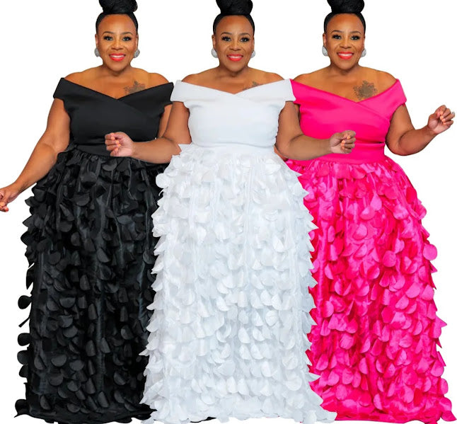 Off-Shoulder Petal Appliqué Maxi Dress