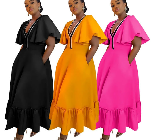 Deep V-Neck Flutter Sleeve Ruffle Hem Maxi Dress in Black, Mustard Yellow, and Hot Pink