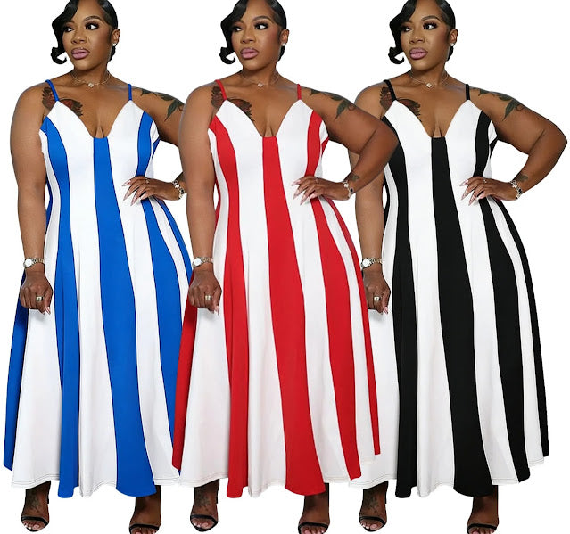 Striped V-Neck Spaghetti Strap Maxi Dress in Blue, Red, and Black colorways