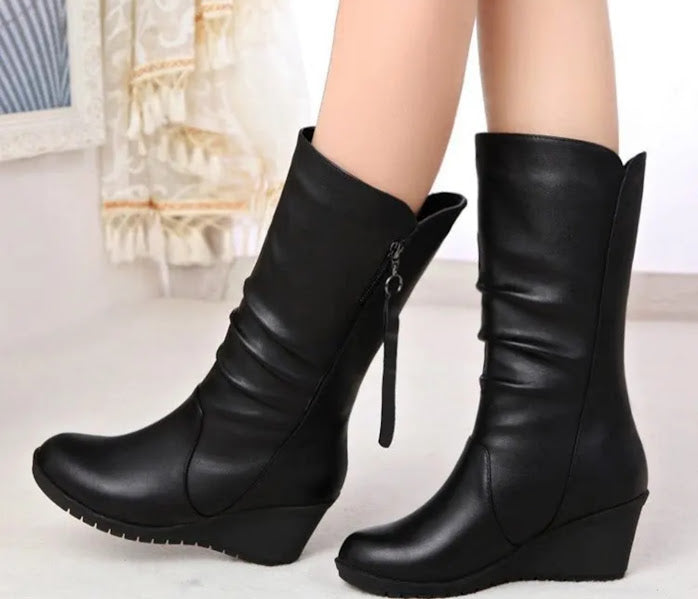 Black Wedge Heel Ruched Mid-Calf Boots
