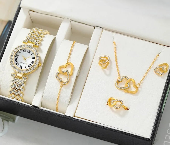 Gold Diamond-Studded Watch & Heart Jewelry Gift Set