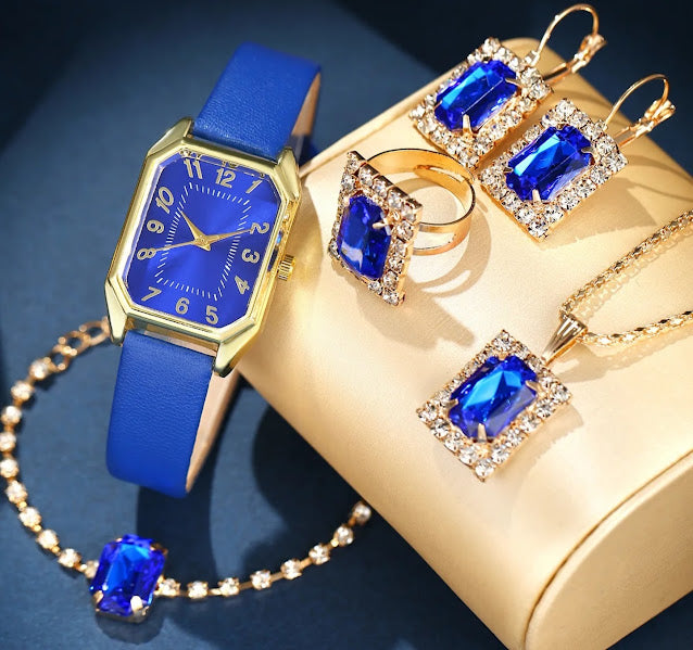 Blue Sapphire 5-Piece Jewelry and Watch Gift Set