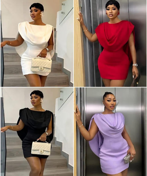 Draped cape shoulder bodycon mini dress in white, red, black, and lavender