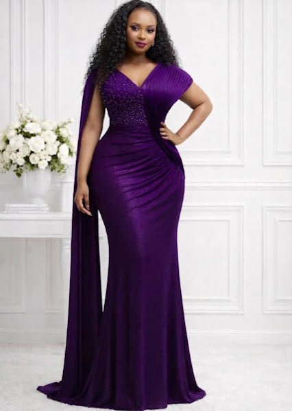 Beaded lace bodice cape sleeve mermaid evening gown in royal purple