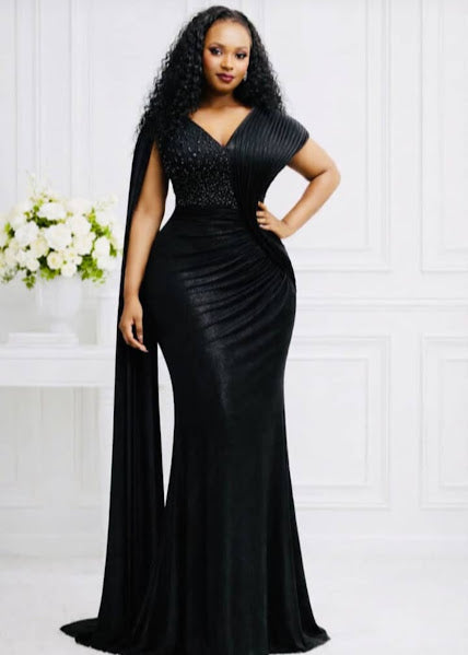 Beaded Lace Bodice Cape Sleeve Mermaid Evening Gown