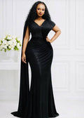 Beaded Lace Bodice Cape Sleeve Mermaid Evening Gown