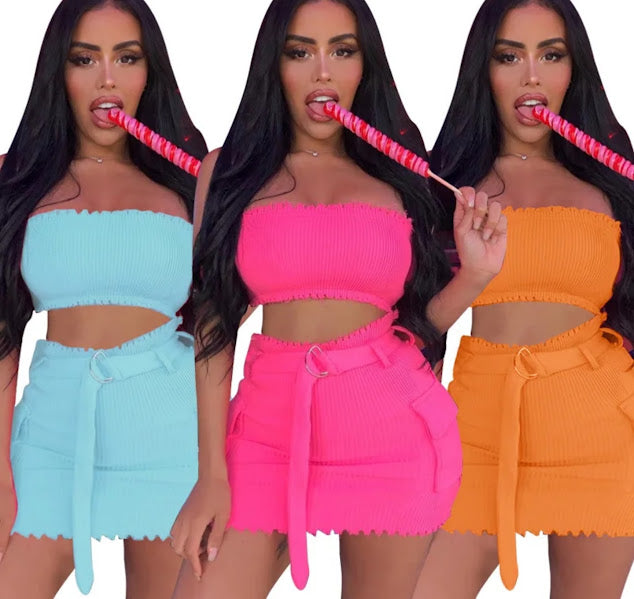 Ribbed lettuce edge tube top and belted mini skirt set in sky blue, hot pink, and orange