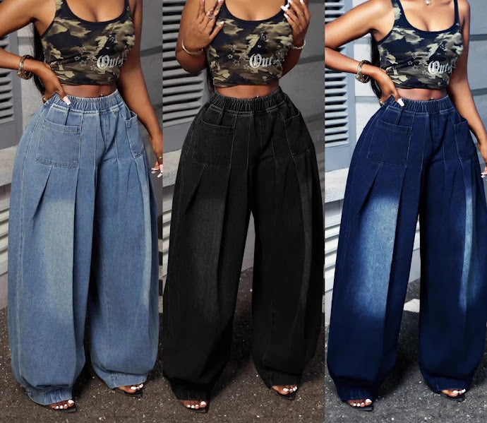 High-Waist Wide-Leg Pleated Jeans