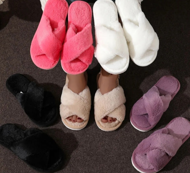 Fluffy Cross-Band Slippers in five colors: hot pink, white, beige nude, black, and lavender purple