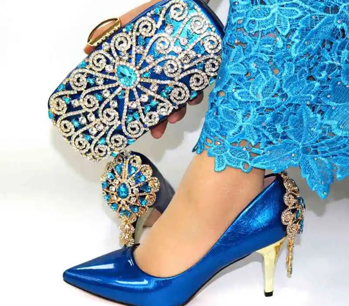 Teal Blue Rhinestone Embellished Pointed Pump and Matching Clutch Bag Set