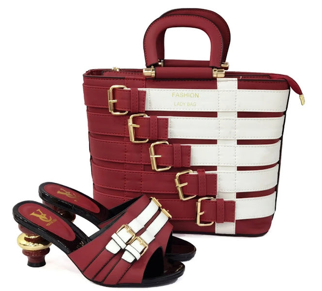 Wine and white color-block buckle mule heels with matching structured tote bag set with gold hardware