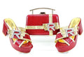 Red Croc-Embossed Rhinestone Buckle Block Heel & Clutch Bag Set