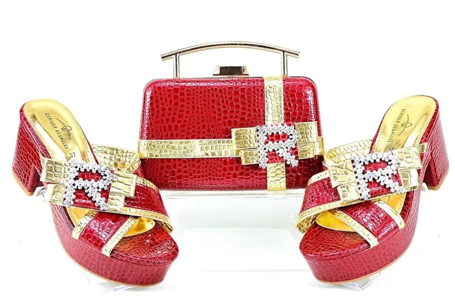 Red Croc-Embossed Rhinestone Buckle Block Heel & Clutch Bag Set