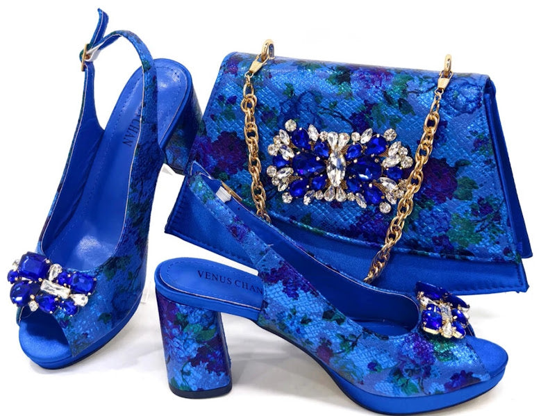 Royal Blue Floral Rhinestone Block Heel & Clutch Bag Set