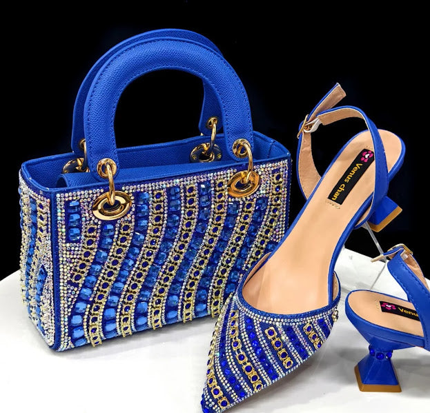 Royal Blue Rhinestone Embellished Heel & Handbag Set
