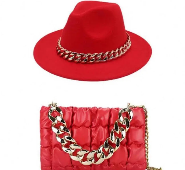 Red Gold Chain Fedora Hat & Quilted Handbag Set