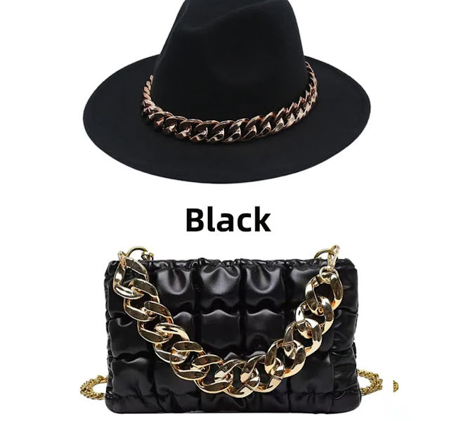 Red Gold Chain Fedora Hat & Quilted Handbag Set