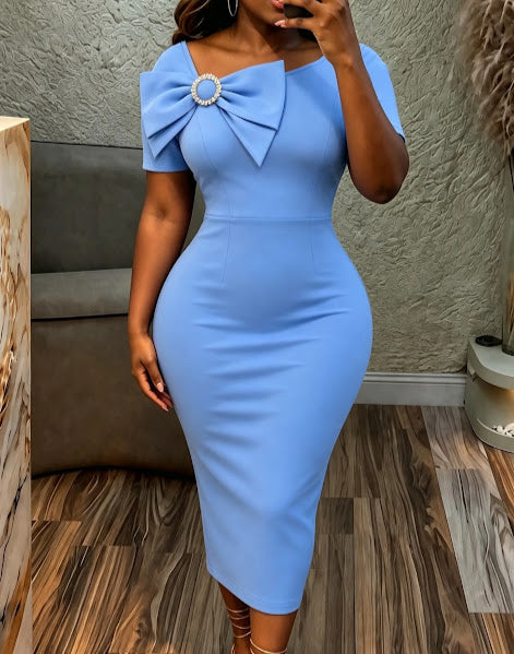 Sky blue bodycon midi dress with oversized bow and pearl brooch neckline detail