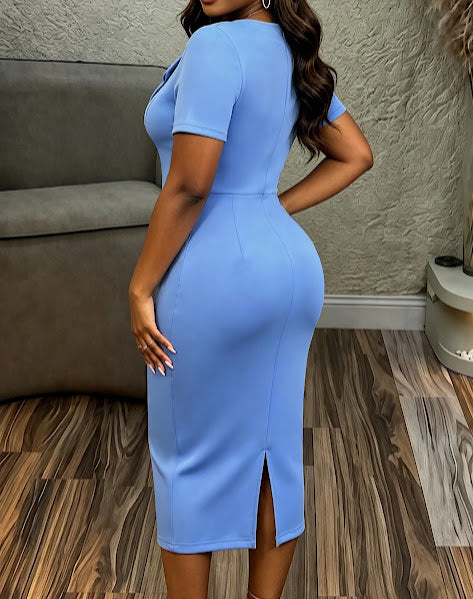 Sky Blue Bow-Detail Bodycon Midi Dress
