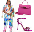 Plus Size Watercolor Floral Blazer & Wide-Leg Pants Set