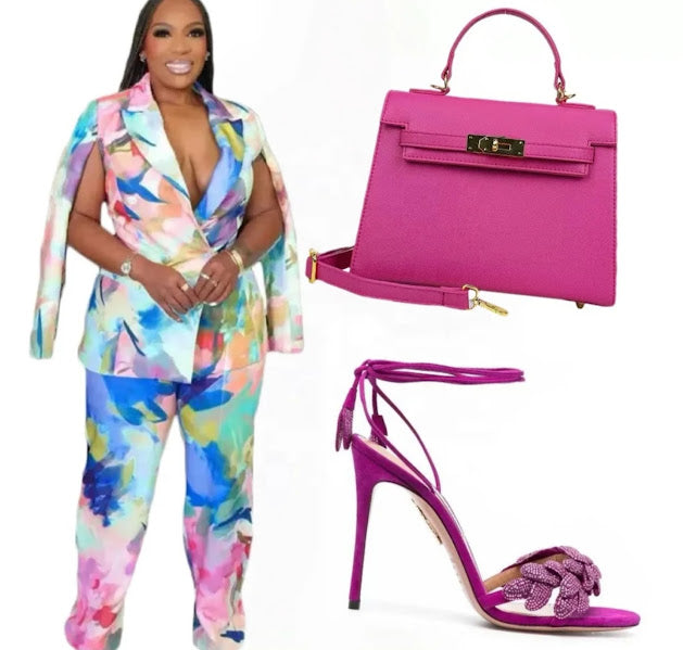 Plus Size Watercolor Floral Blazer and Wide-Leg Pants Set with matching hot pink handbag and heels