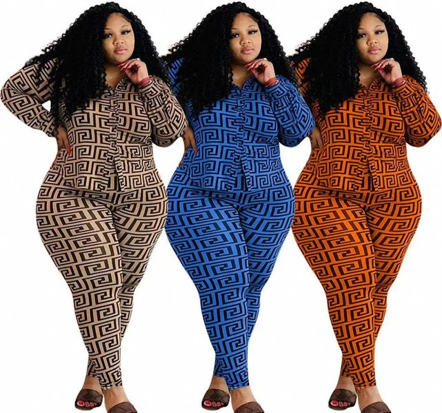 Plus Size Geometric Print 2-Piece Shirt and Leggings Set in three colorways: tan brown, royal blue, and burnt orange