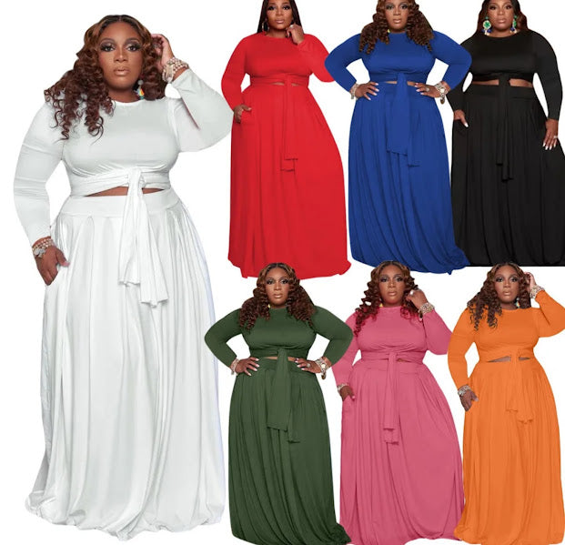Plus Size 2-Piece Crop Top and Maxi Skirt Set in seven colors: white, red, royal blue, black, olive green, pink, and orange