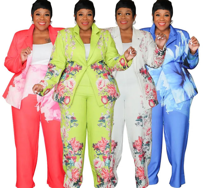 Plus Size 2-Piece Blazer and Wide-Leg Pants Set in four colorways: coral pink, lime green floral, white floral, and sky blue