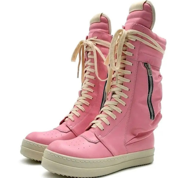 Black High-Top Lace-Up Sneaker Boots with Side Zip