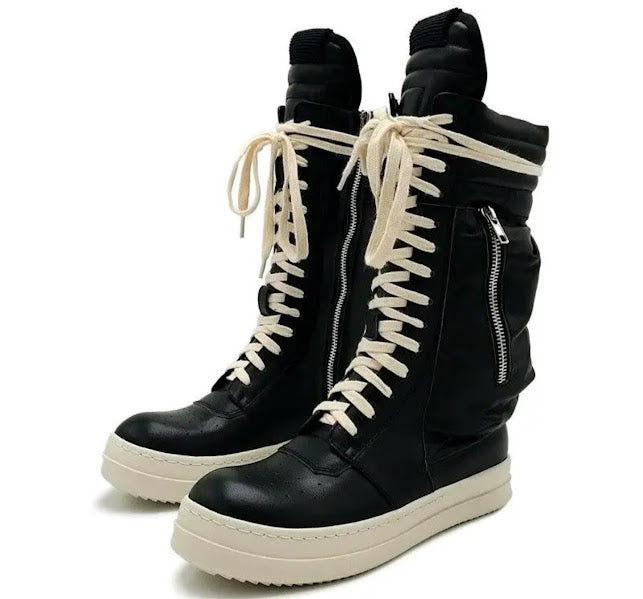 Black High-Top Lace-Up Sneaker Boots with Side Zip