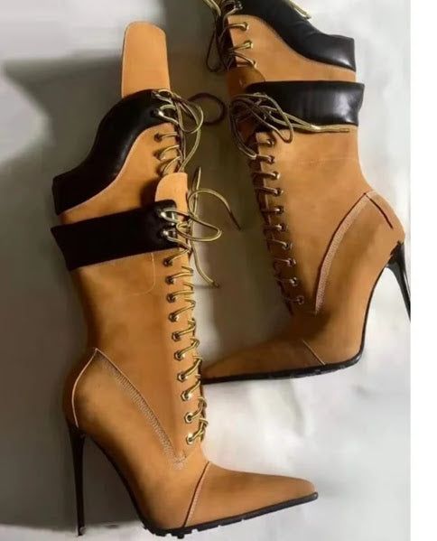 Tan & Black Lace-Up Stiletto Boot